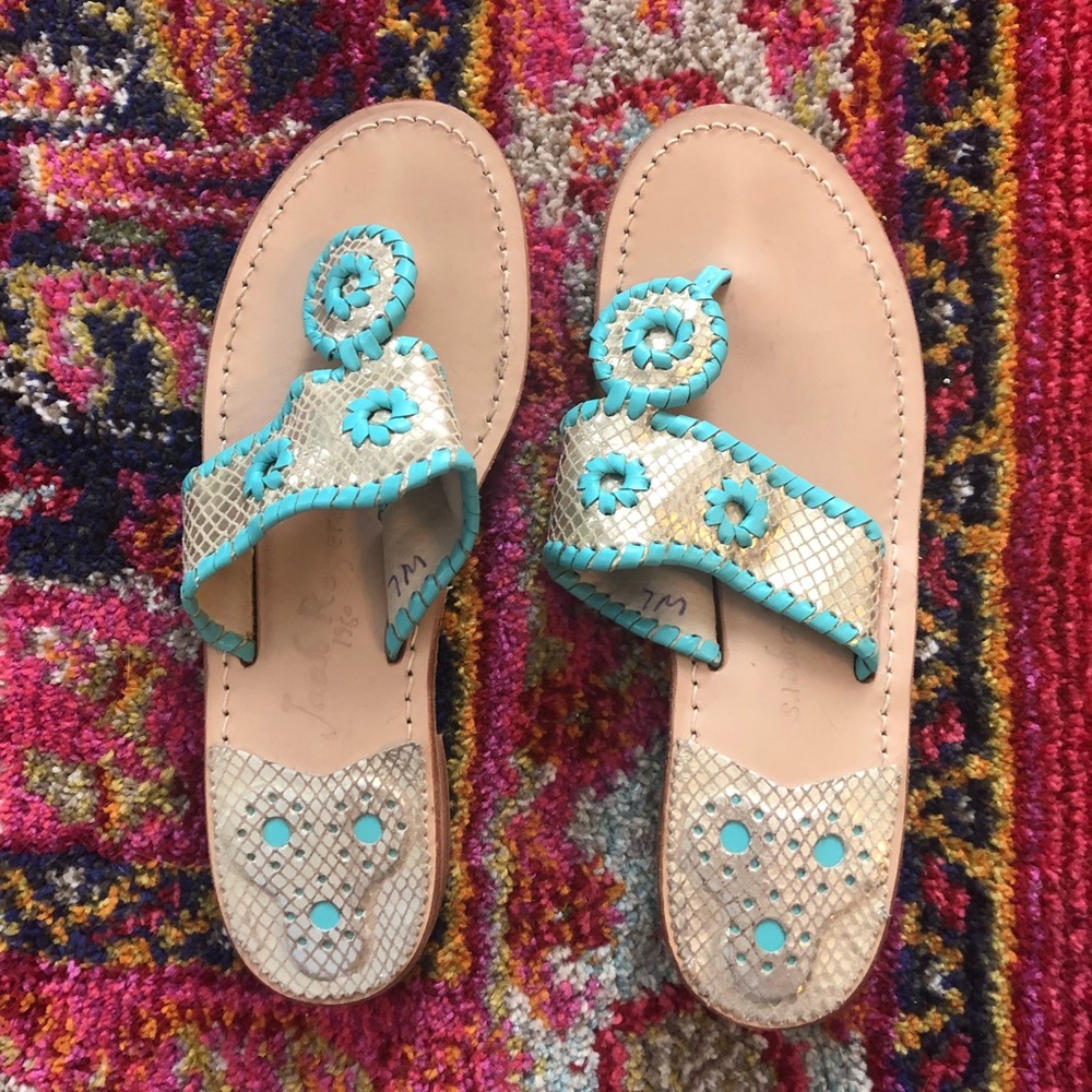 Jack Rogers Gold + Aqua Sandals